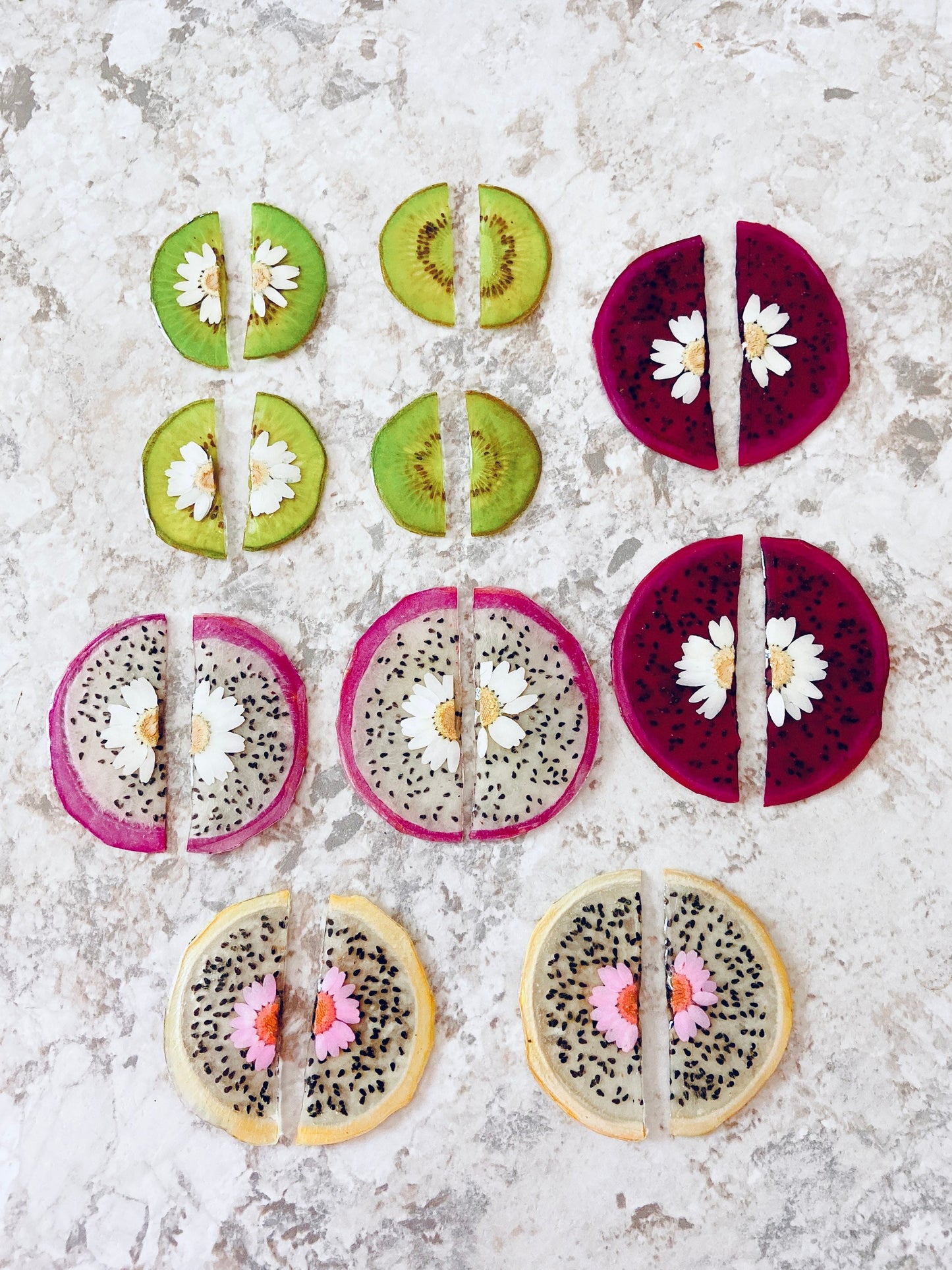 Dried dragonfruit with daisy handmade resin earrings, Botanical earrings, Real fruit earrings, Hypoallergenic earrings