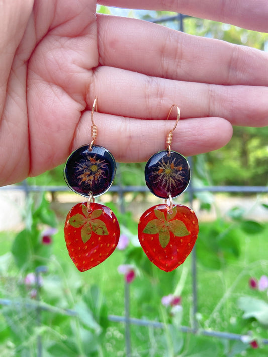 Dried strawberry blueberry handmade resin earrings, Botanical earrings, Real strawberry earrings, Hypoallergenic earrings