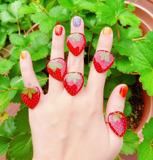 Dried strawberry handmade resin earrings, Botanical earrings, Real strawberry adjustable ring, Real strawberry necklace, Hypoallergenic