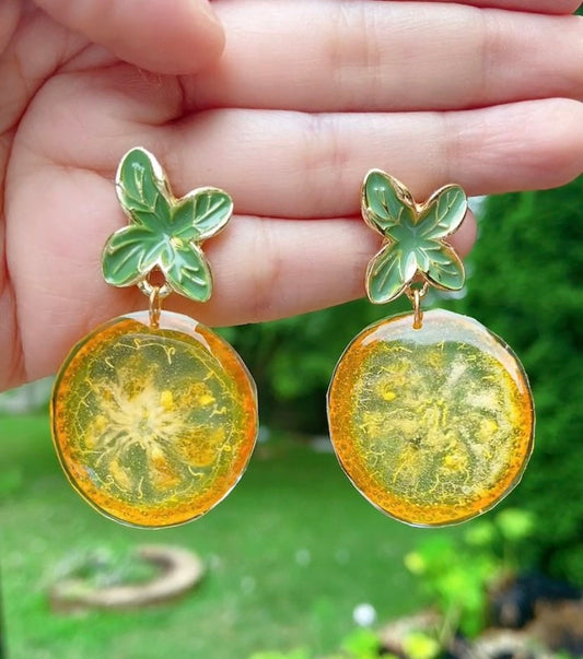 Dried kumquat handmade resin earrings, Real fruit earrings, Real citrus earrings, Hypoallergenic earrings